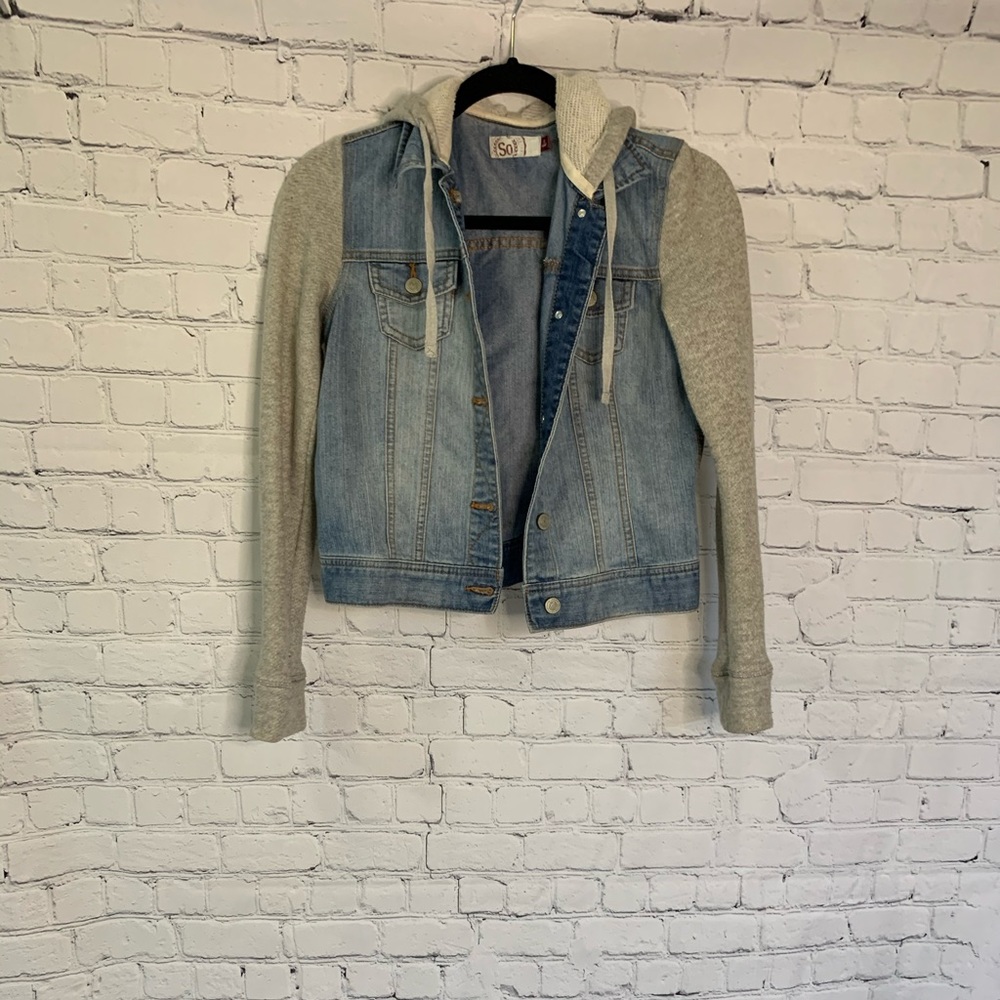 Denim jacket with sweater sleeves